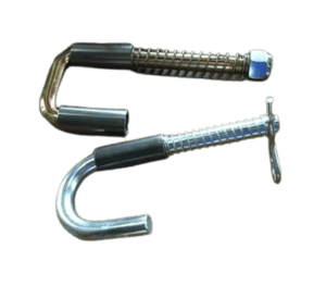 Two spring J-hook latch kits: yellow zinc locknut kit and round-neck hair-cotter kit.